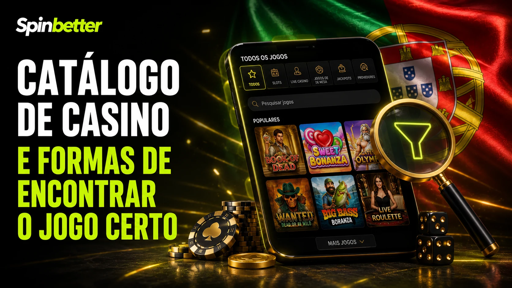 Catálogo do casino com filtros por categoria e fornecedor